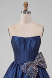 Corset bleu marine en satin buster en perle à lignes A avec lacets dans le dos de la rentrée et nœud