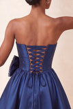 Corset bleu marine en satin buster en perle à lignes A avec lacets dans le dos de la rentrée et nœud