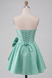 Robe de rentrée A-line en satin vert menthe sans bretelles en dentelle relevée dans le dos, corset de rentrée avec nœud