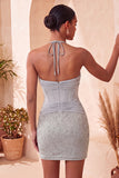 Robe de bal de fin d’année Corset cou long et collé bleu marine avec perles