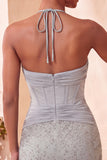 Robe de bal de fin d’année Corset cou long et collé bleu marine avec perles