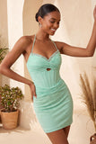 Robe de bal de fin d’année Corset cou long et collé bleu marine avec perles