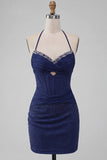 Robe de bal de fin d’année Corset cou long et collé bleu marine avec perles