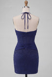 Robe de bal de fin d’année Corset cou long et collé bleu marine avec perles