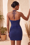 Robe de bal de fin d’année Corset cou long et collé bleu marine avec perles