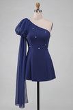 Robe de fin d’année bleu foncé en ligne A à une épaule avec cape latérale