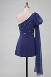 Robe de fin d’année bleu foncé en ligne A à une épaule avec cape latérale