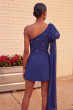 Robe de fin d’année bleu foncé en ligne A à une épaule avec cape latérale