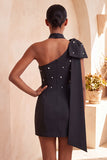 Robe de bal Bodycon Bodycon nœud bleu perle bleu clair à une épaule avec cape latérale