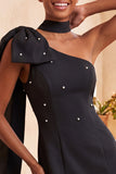 Robe de bal Bodycon Bodycon nœud bleu perle bleu clair à une épaule avec cape latérale