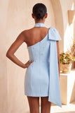 Robe de bal Bodycon Bodycon nœud bleu perle bleu clair à une épaule avec cape latérale