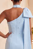Robe de bal Bodycon Bodycon nœud bleu perle bleu clair à une épaule avec cape latérale