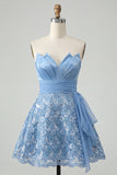 Robe de fin de bal bleu A-Line Sweetheart Shorts Back Back Homecoming avec ceinture