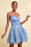 Robe de fin de bal bleu A-Line Sweetheart Shorts Back Back Homecoming avec ceinture