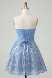 Robe de fin de bal bleu A-Line Sweetheart Shorts Back Back Homecoming avec ceinture