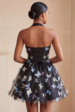Corset noir à col nu en ligne A, lacet remonté dans le dos, robe courte de rentrée à la maison avec papillon