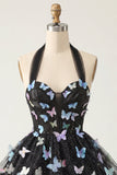 Corset noir à col nu en ligne A, lacet remonté dans le dos, robe courte de rentrée à la maison avec papillon
