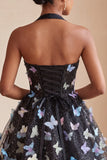 Corset noir à col nu en ligne A, lacet remonté dans le dos, robe courte de rentrée à la maison avec papillon