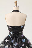 Corset noir à col nu en ligne A, lacet remonté dans le dos, robe courte de rentrée à la maison avec papillon