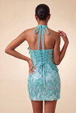 Robe courte de rentrée à col lilas avec paillettes bodycon, rentrée à la maison avec dentelle dans le dos
