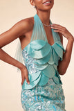 Robe courte de rentrée à col lilas avec paillettes bodycon, rentrée à la maison avec dentelle dans le dos