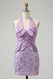 Robe courte de rentrée à col lilas avec paillettes bodycon, rentrée à la maison avec dentelle dans le dos
