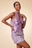 Robe courte de rentrée à col lilas avec paillettes bodycon, rentrée à la maison avec dentelle dans le dos