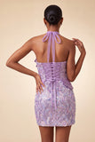 Robe courte de rentrée à col lilas avec paillettes bodycon, rentrée à la maison avec dentelle dans le dos