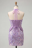 Robe courte de rentrée à col lilas avec paillettes bodycon, rentrée à la maison avec dentelle dans le dos