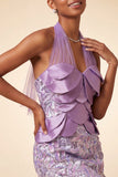 Robe courte de rentrée à col lilas avec paillettes bodycon, rentrée à la maison avec dentelle dans le dos