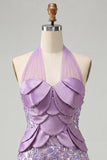 Robe courte de rentrée à col lilas avec paillettes bodycon, rentrée à la maison avec dentelle dans le dos