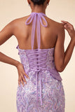 Robe courte de rentrée à col lilas avec paillettes bodycon, rentrée à la maison avec dentelle dans le dos