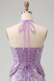 Robe courte de rentrée à col lilas avec paillettes bodycon, rentrée à la maison avec dentelle dans le dos