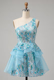 Robe de bal de la rentrée bleu clair ligne en A à une épaule avec volants et dentelle dans le dos