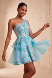 Robe de bal de la rentrée bleu clair ligne en A à une épaule avec volants et dentelle dans le dos