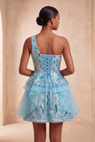 Robe de bal de la rentrée bleu clair ligne en A à une épaule avec volants et dentelle dans le dos