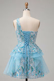 Robe de bal de la rentrée bleu clair ligne en A à une épaule avec volants et dentelle dans le dos