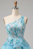 Robe de bal de la rentrée bleu clair ligne en A à une épaule avec volants et dentelle dans le dos