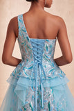 Robe de bal de la rentrée bleu clair ligne en A à une épaule avec volants et dentelle dans le dos