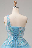 Robe de bal de la rentrée bleu clair ligne en A à une épaule avec volants et dentelle dans le dos