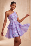 Robe de bal de la rentrée bleu clair ligne en A à une épaule avec volants et dentelle dans le dos