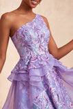Robe de bal de la rentrée bleu clair ligne en A à une épaule avec volants et dentelle dans le dos