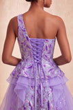 Robe de bal de la rentrée bleu clair ligne en A à une épaule avec volants et dentelle dans le dos