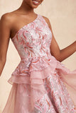 Robe de bal de la rentrée bleu clair ligne en A à une épaule avec volants et dentelle dans le dos