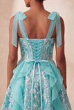 Corset rose ligne A Sangles nœuds Sequins à volants Robe de retour à la maison avec dentelle dans le dos