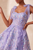 Corset rose ligne A Sangles nœuds Sequins à volants Robe de retour à la maison avec dentelle dans le dos