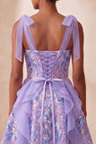 Corset rose ligne A Sangles nœuds Sequins à volants Robe de retour à la maison avec dentelle dans le dos
