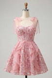 Corset rose ligne A Sangles nœuds Sequins à volants Robe de retour à la maison avec dentelle dans le dos