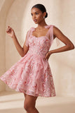 Corset rose ligne A Sangles nœuds Sequins à volants Robe de retour à la maison avec dentelle dans le dos