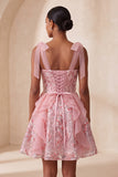Corset rose ligne A Sangles nœuds Sequins à volants Robe de retour à la maison avec dentelle dans le dos